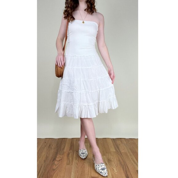 Vintage Y2K 90s Tiered Sleeveless Tube Top Drop Waist Midi Dress Summer Sundress - Picture 5 of 8